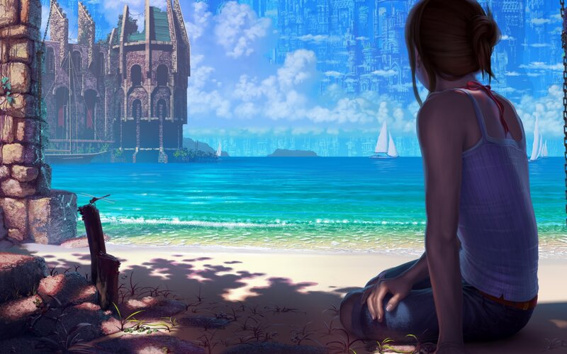 Girl Sitting on Beach — Blue, Serene, Afternoon, Digital Art, Castle