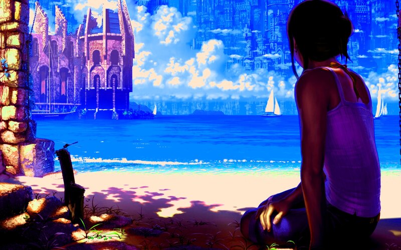Girl Sitting on Beach — Blue, Serene, Afternoon, Digital Art