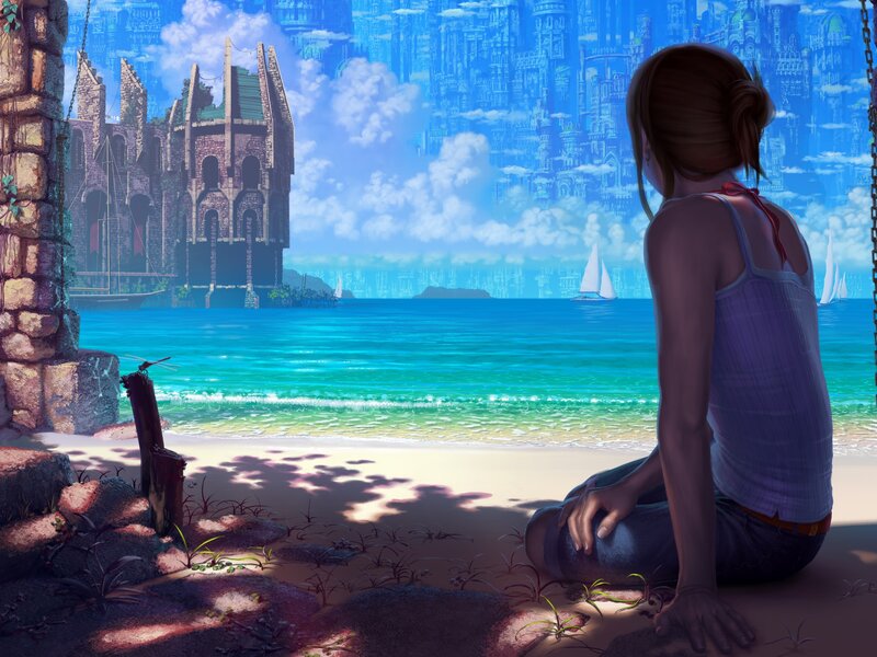Girl Sitting on Beach — Blue