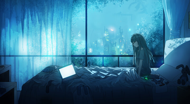 Girl Sitting on Bed — Blue