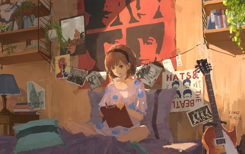 Girl Sitting on Bed — Orange