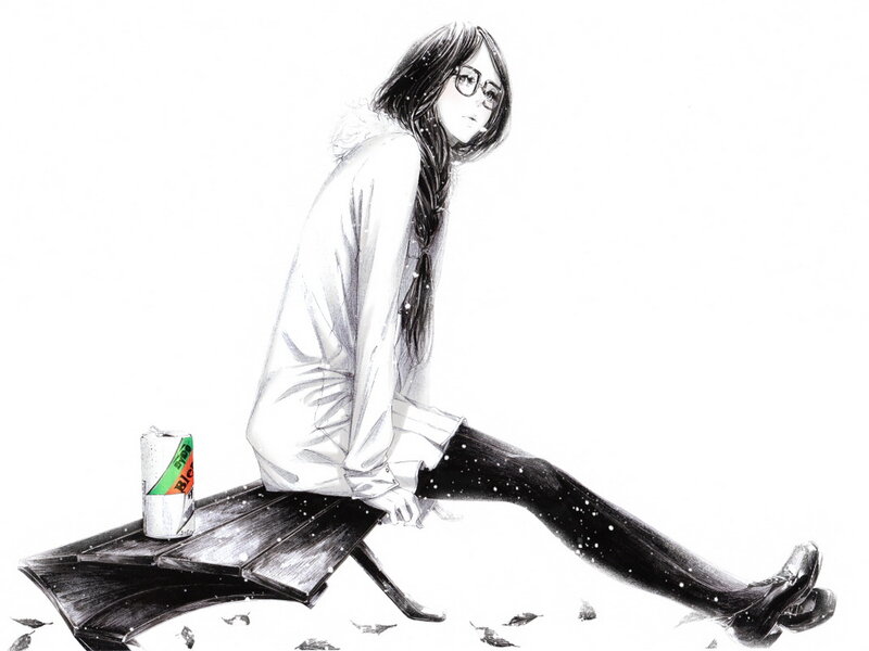 Girl Sitting on Bench — Black, Melancholic