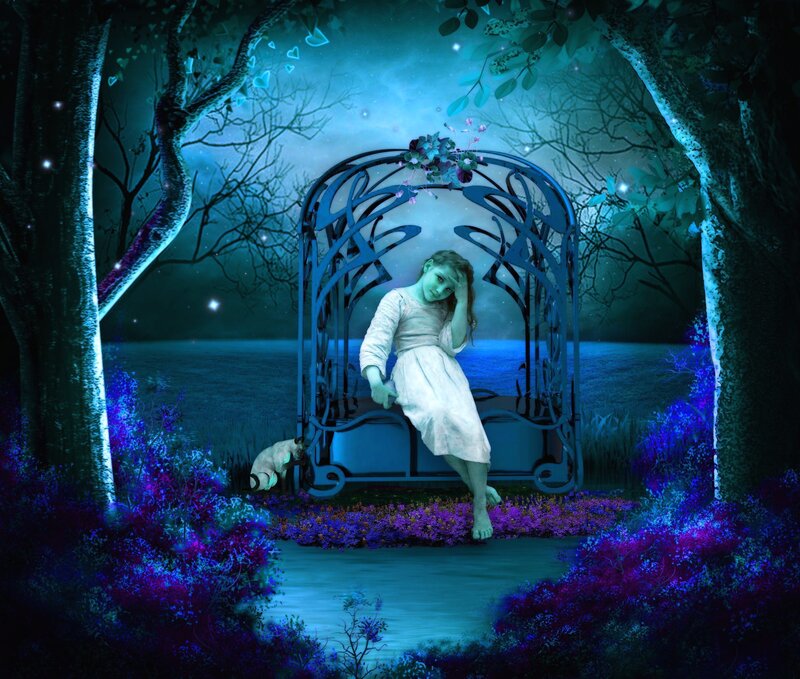 Girl Sitting on Bench — Blue, Dreamy