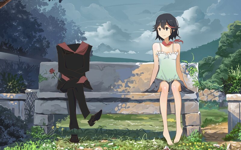 Girl Sitting on Bench — Green, Serene, Afternoon, Anime