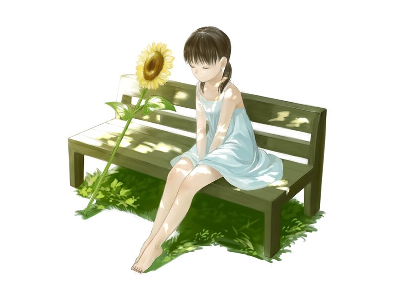 Girl Sitting on Bench — Green, Serene