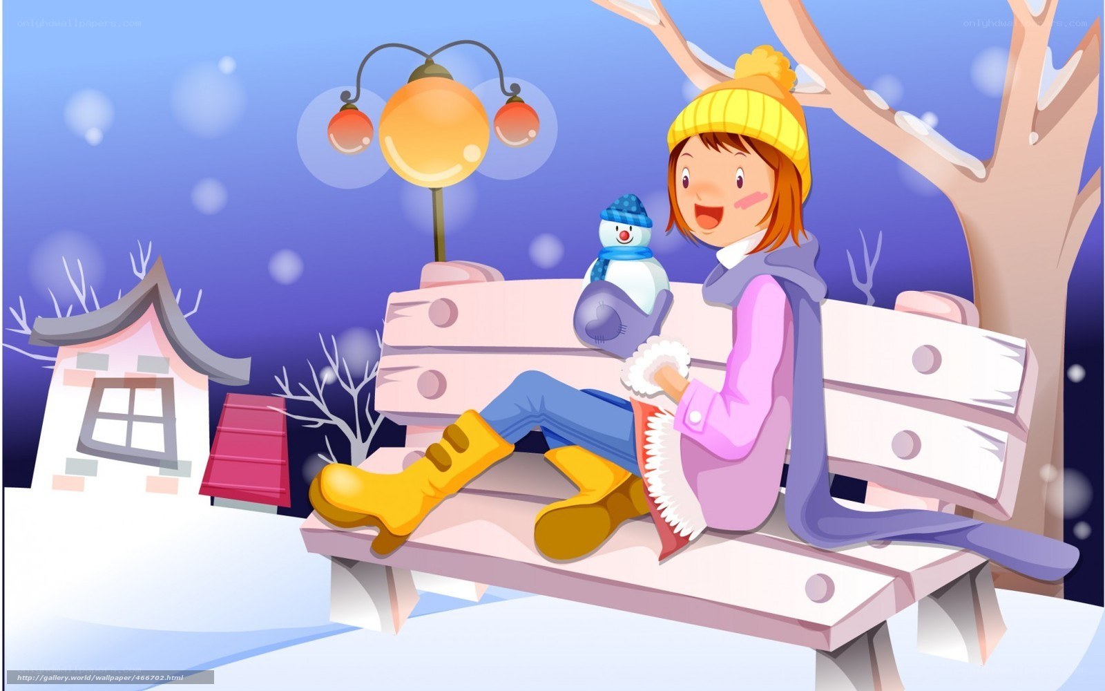 Girl sitting on bench in winter