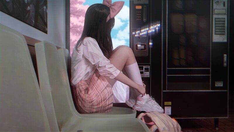 Girl Sitting on Bench — Pink, Calm, Spring