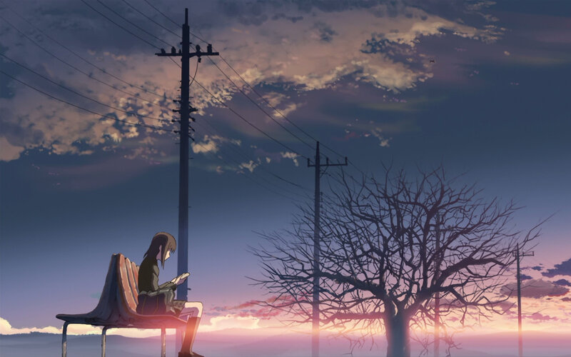 Girl Sitting on Bench — Purple, Serene