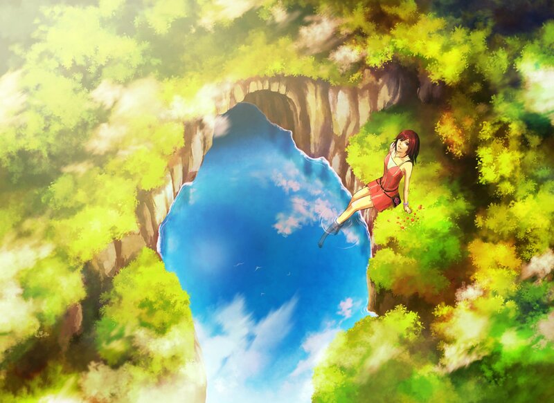 Girl Sitting on Cliff — Green