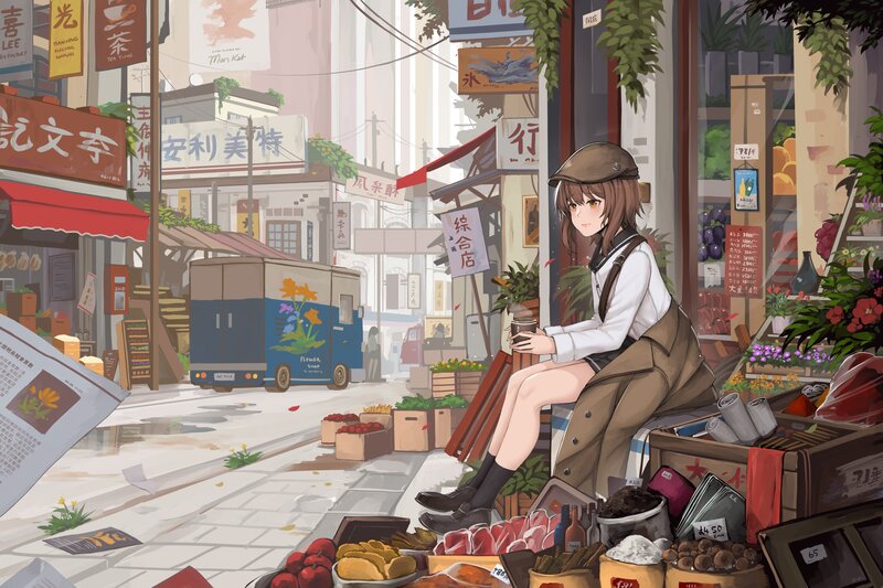 Girl Sitting on Crates