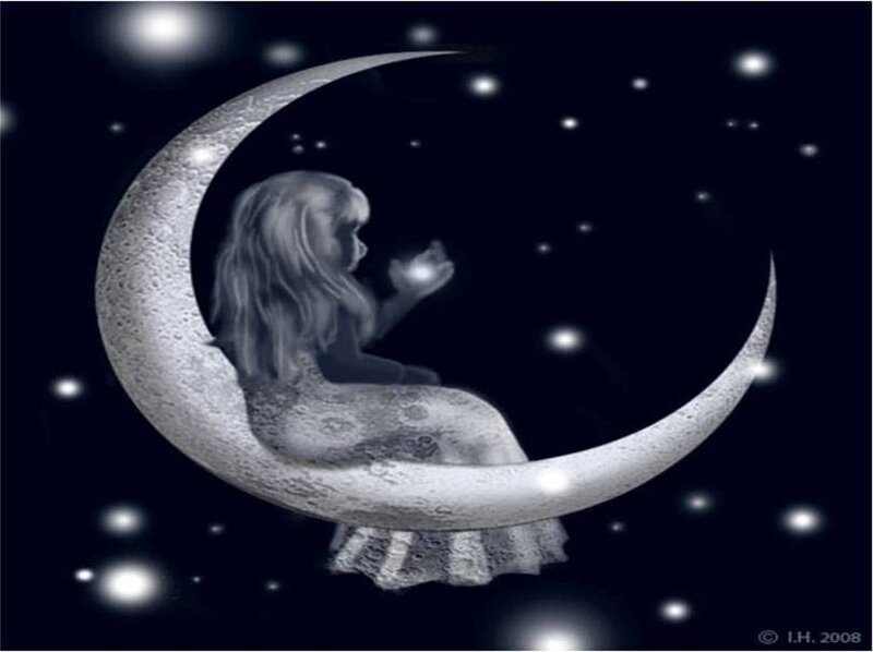 girl sitting on crescent moon