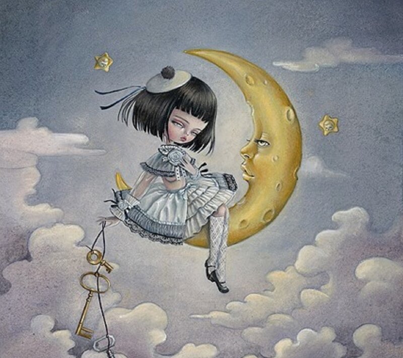 Girl Sitting on Crescent Moon — Gray