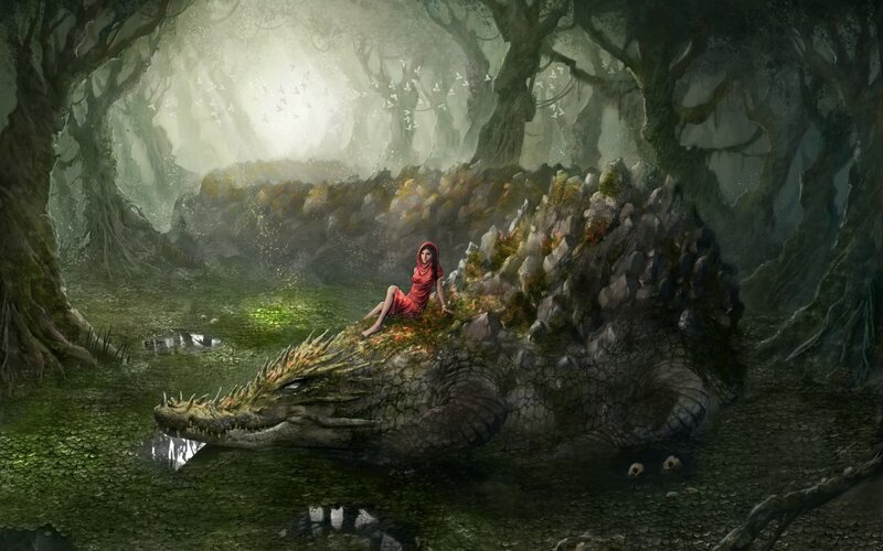 Girl Sitting on Crocodile — Green, Serene