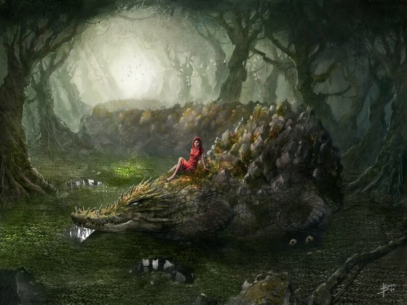 Girl Sitting on Crocodile — Green
