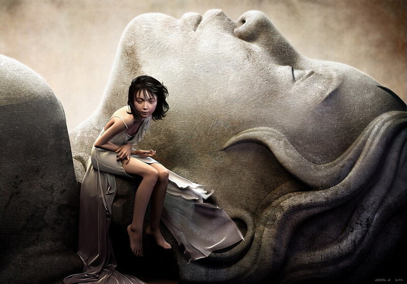 girl sitting on giant face