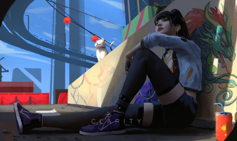 Girl Sitting on Ground — Blue, Calm