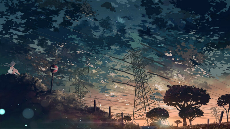 Girl Sitting on Hill — Blue, Serene, Sunset, Digital Art, Power Lines