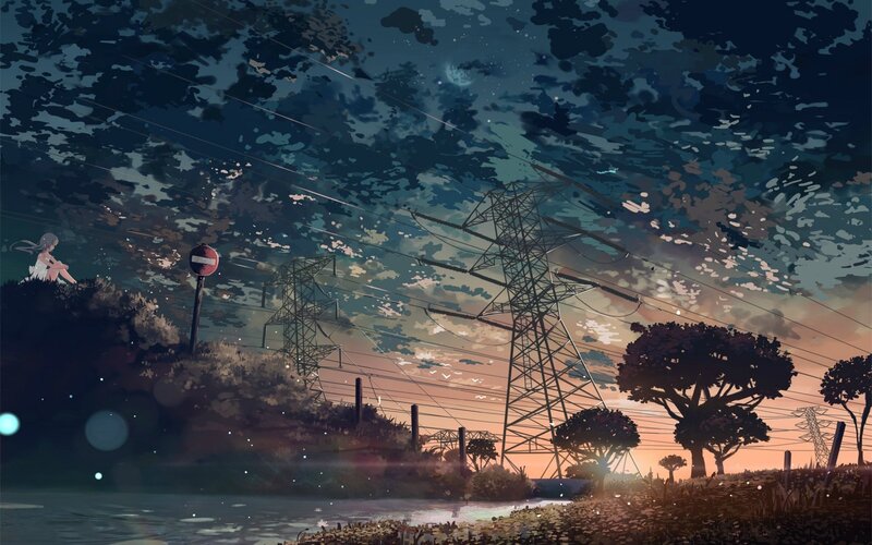Girl Sitting on Hill — Blue, Serene, Sunset, Digital Art, Trees, Power Lines, River