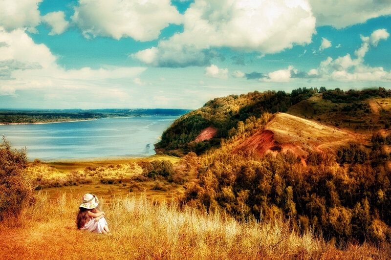 Girl Sitting on Hill — Blue, Serene