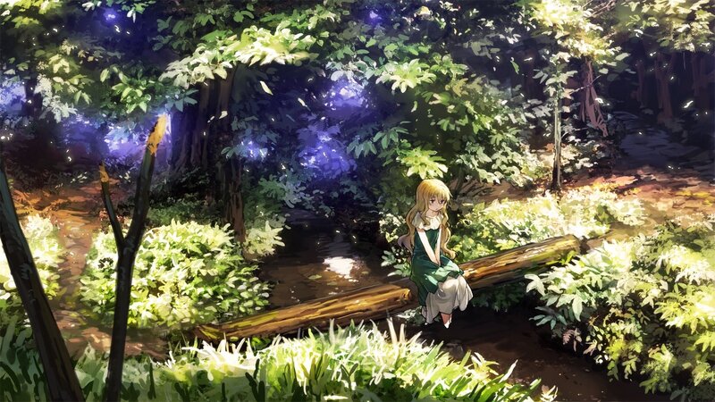 Girl Sitting on Log — Green, Serene, Afternoon, Anime