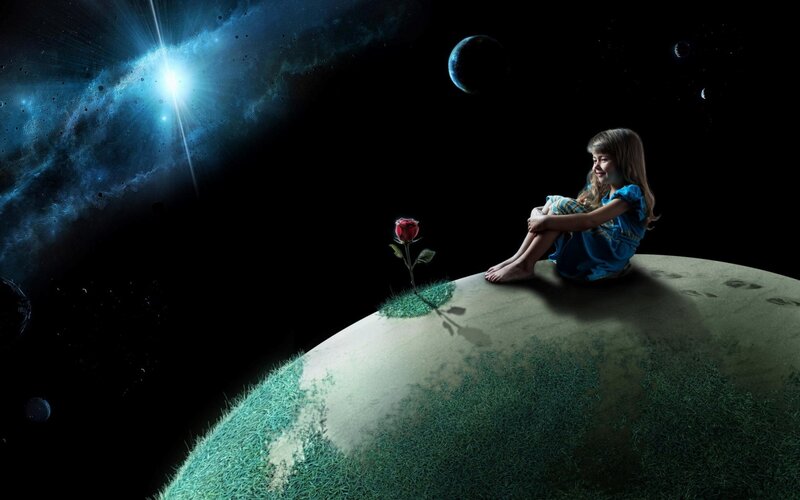 Girl Sitting on Planet