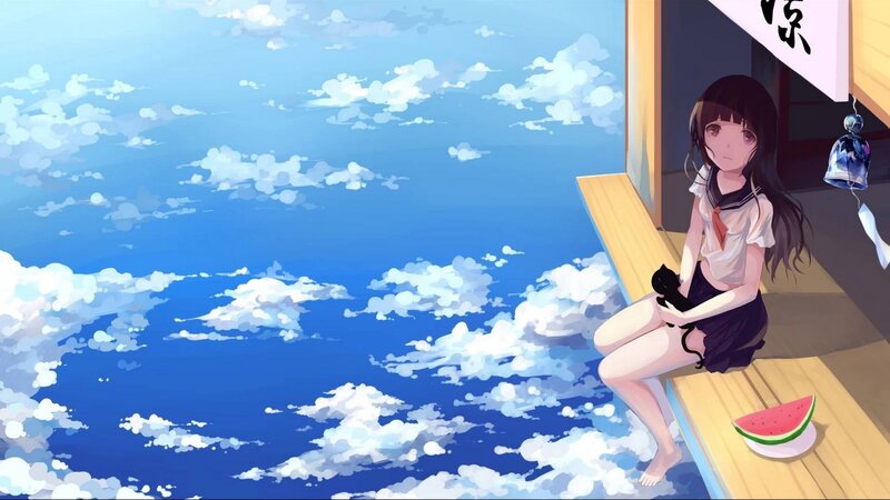 Girl Sitting on Porch — Blue, Serene, Afternoon, Anime