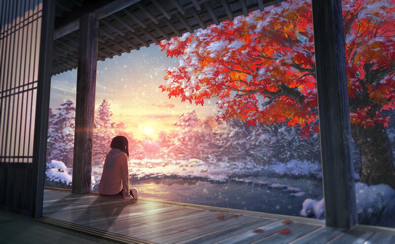 Girl Sitting on Porch — Red, Serene