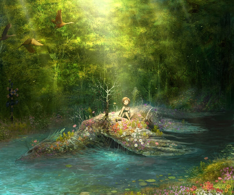 Girl Sitting on Rock — Green