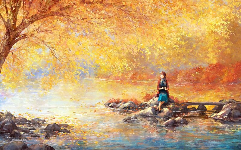 Girl Sitting on Rocks — Yellow, Serene