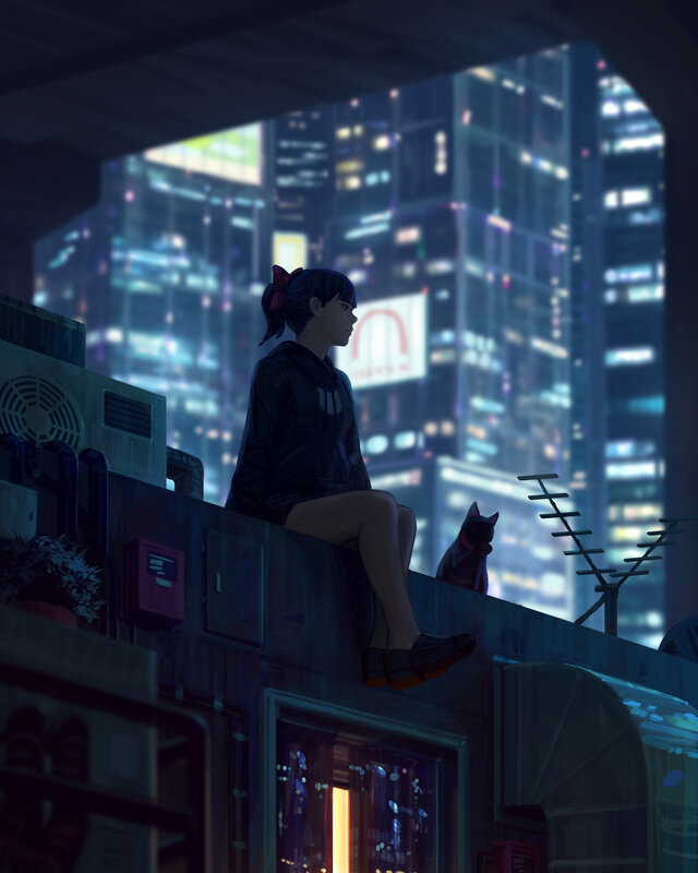 Girl Sitting on Rooftop — Blue, Contemplative