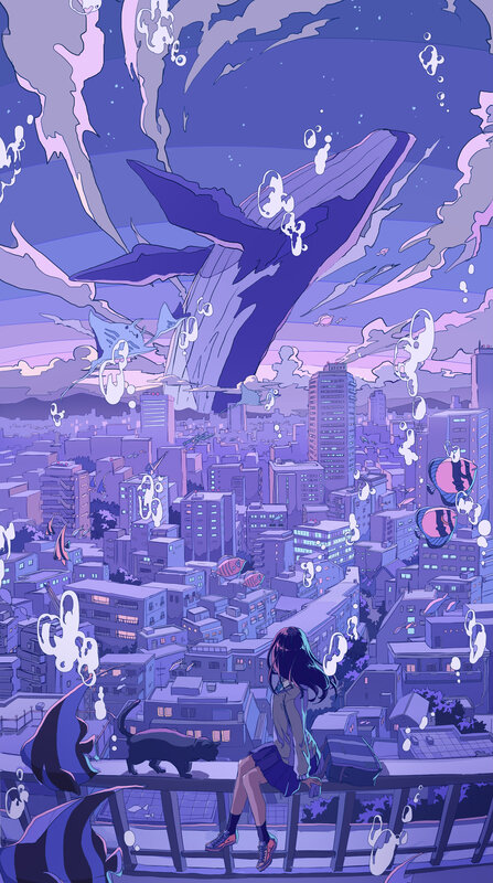 Girl Sitting on Rooftop — Purple