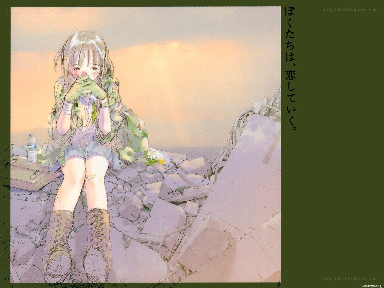 Girl sitting on rubble