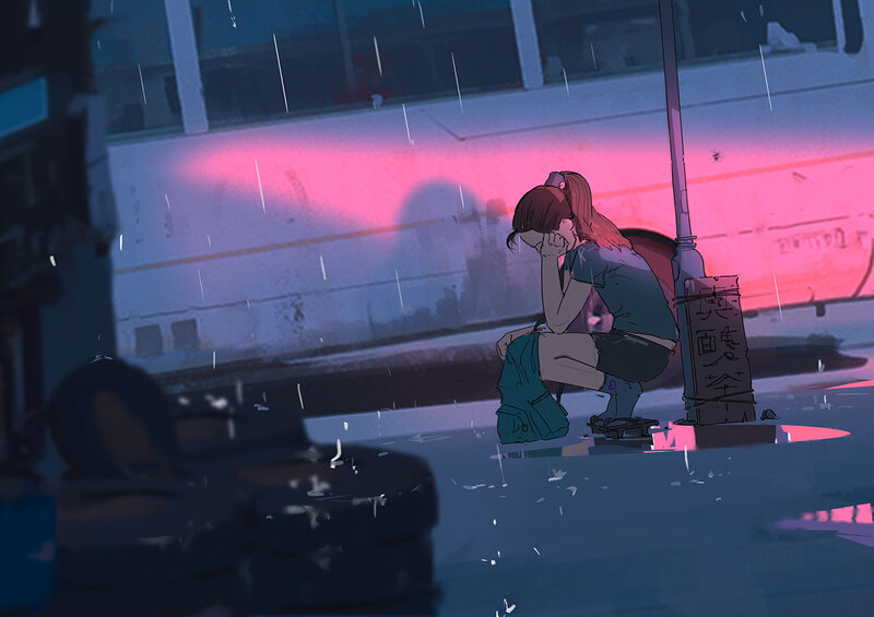 Girl Sitting on Sidewalk — Blue