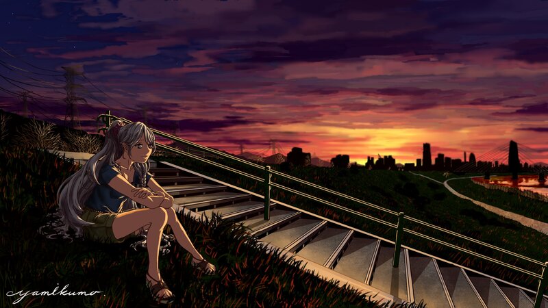 Girl sitting on stairs at sunset