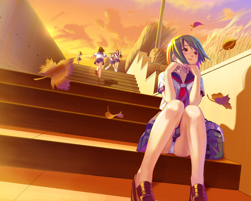 Girl sitting on stairs at sunset