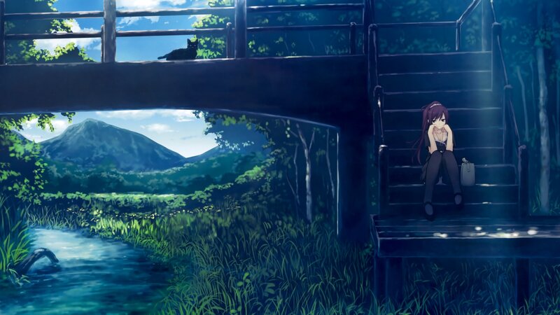 Girl sitting on stairs by a river