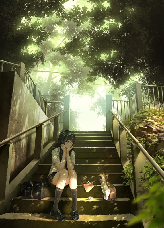 Girl Sitting on Stairs — Green, Serene, Afternoon, Anime, Cat, Trees
