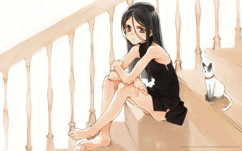 girl sitting on stairs with cat