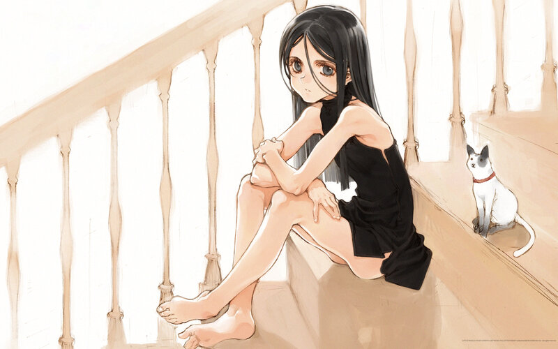 girl sitting on stairs with cat