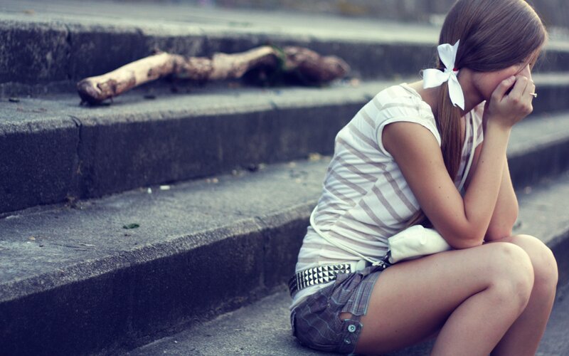 Girl Sitting on Steps — Gray, Melancholic, Photograph, Stick, White Bow, White