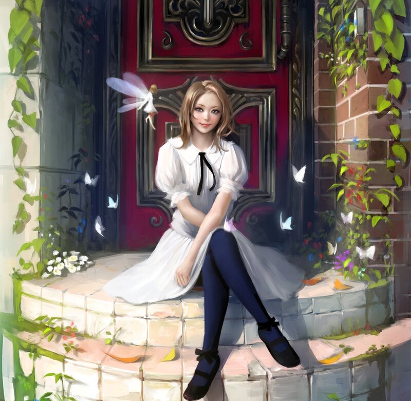 Girl Sitting on Steps — White