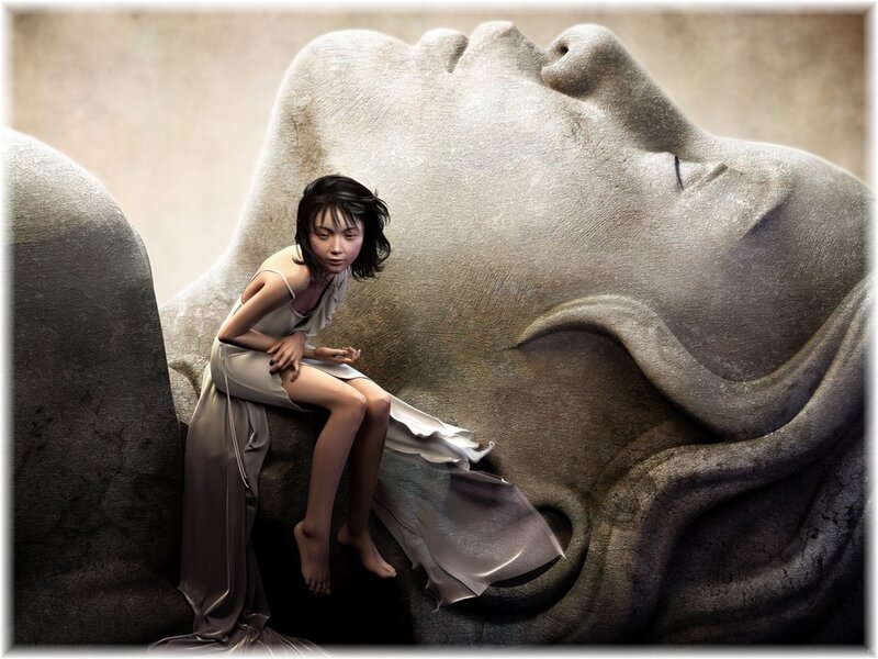 Girl Sitting on Stone Face — Gray
