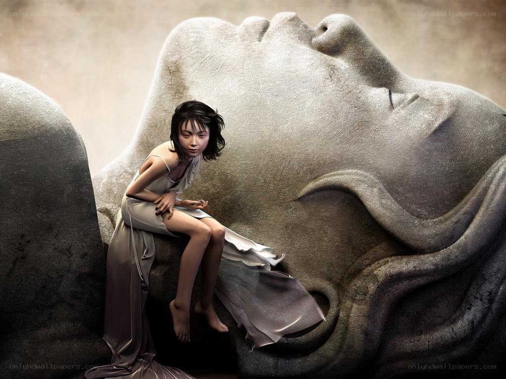 Girl sitting on stone face
