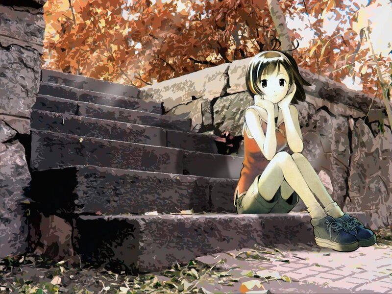 Girl sitting on stone steps