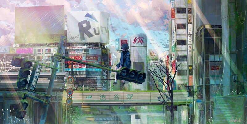Girl Sitting on Traffic Light