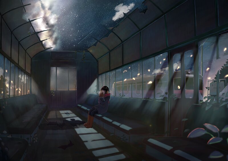 Girl Sitting on Train Bench