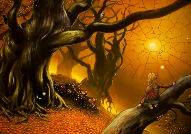 Girl Sitting on Tree Branch — Orange