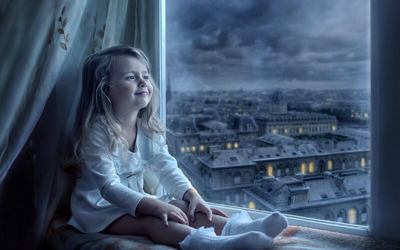 Girl Sitting on Windowsill — Blue, Dramatic