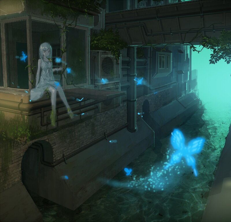Girl Sitting on Windowsill — Blue, Serene