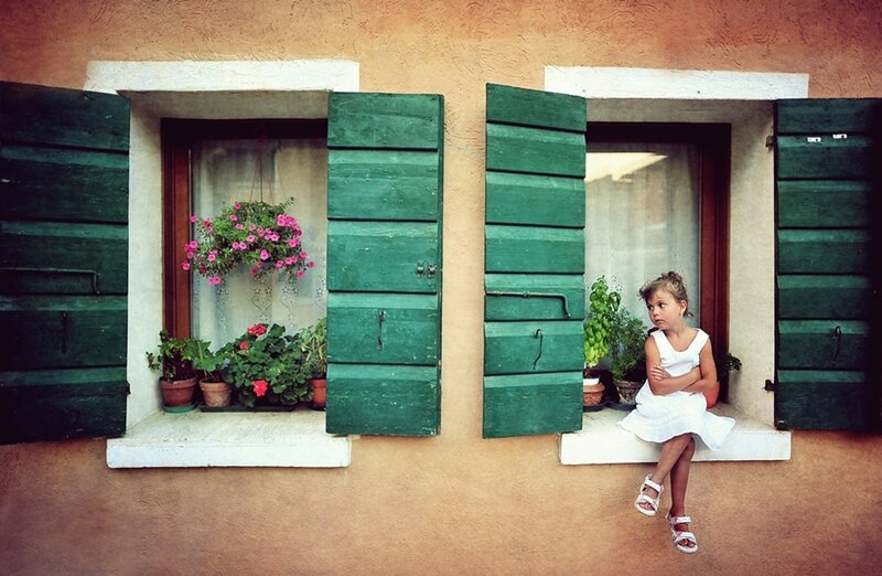 Girl Sitting on Windowsill — Green, Calm
